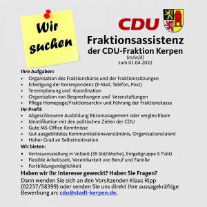 Fraktionsassistenz der CDU gesucht - Bewerbungsverfahren abgeschlossen